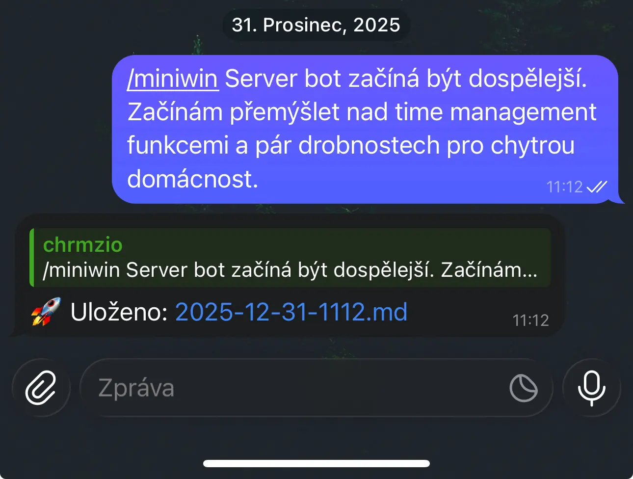 screenshot příkazu v telegram aplikaci